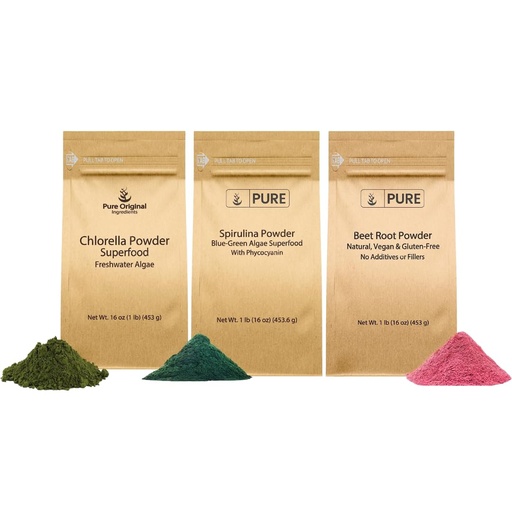 [BRSRO2YCBAFWYDQ3] Pure Original Ingredients Beet Root, Spirulina, & Chlorella Powder Bundle (1lb), Non GMO, Herbal Supplements