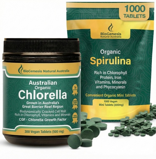 [BRSRGGILPIMROAA3] Biogenesis Organic Spirulina & Chlorella Bundle | Australian Grown | 1000 Spirulina Mini Tabs (200mg) + 300 Chlorella Tablets (500mg) | Rich in Chlorophyll & Phycocyanin | Daily Vegan Superfood Pack