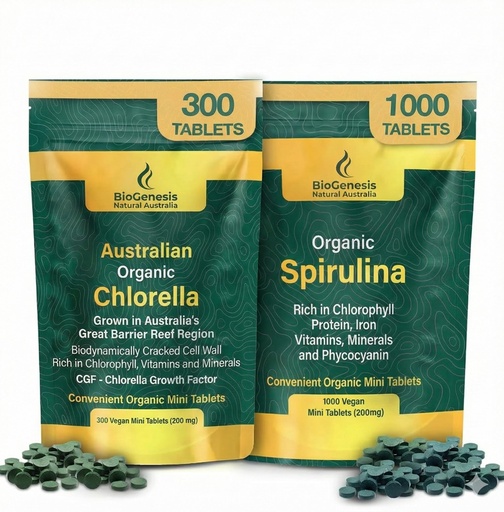 [BRSRGGIKCEIBUGTF] Biogenesis Organic Spirulina 1000ct + Chlorella 300ct Bundle | Australian Grown Algae Mini Tablets | High Phycocyanin & Chlorophyll Superfood | Complete Nutrition for Energy & Vitality | Vegan