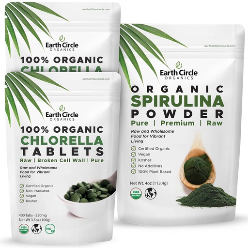 [BRSRAEIKAQFW2F34] Earth Circle Organics Chlorella 400 Tablets (Pack of 2) and Spirulina Powder 4oz Bundle High Potency Vegan Superfood Supplement Packed with Protein Vitamins & Minerals for Daily Energy and Health