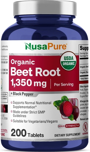 [BRSWGBALAEHAICLF] NusaPure Beet Root 1,350 mg 200 Organic Tablets (Vegetarian, USDA, Non-GMO & Gluten Free) Black Pepper