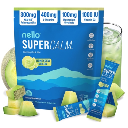 [BRSRGFITBECRYAIY] Nello Supercalm Powdered Drink Mix, Cortisol Reducer and Sleep Aid Supplement, L Theanine, Ksm-66 Ashwagandha, Magnesium Glycinate, Vitamin D 3, No Sugar, Non GMO, On The Go, 20 Ct, Honeydew Melon