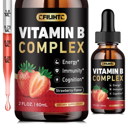 [BRSREYY3DMCAEFAV] CFILIHTC Vitamin B Complex Liquid Drops, B Vitamins Complex Supplement with B1, B2, B3, B5 B6, B7, B9 & Methyl B12 Drops for Adults & Kids, Vegan, Strawberry Flavor