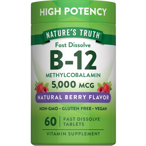 [BRSWGCT5PIPBGHT3] Nature's Truth B12 Vitamin | 5000 mcg | 60 Tablets | Fast Dissolve Natural Berry Flavor | Vegan, Non-GMO & Gluten Free Supplement