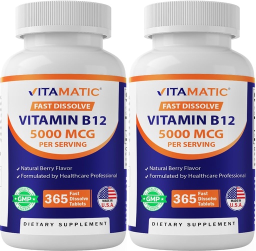 [BRSREFAYBAJRU3TJ] Vitamatic Vitamin B12 5000 mcg – 365 Fast Dissolve Tablets Berry Flavor – Supports Energy Production & Nervous System Health – Non-GMO, Gluten-Free- 2 Pack