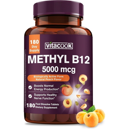 [BRSRACY2CMMGG3TX] Vitamin B12 Sublingual, Methylcobalamin 5000mcg for Energy Production | Energy, Nerve & Cell Support, Natural Peach Flavor, Vegan, Zero Sugar, 180 Fast Dissolve Tablets