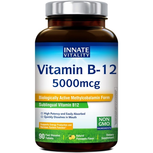 [BRSREFIYOYNAKAAV] Innate Vitality Vitamin B12 5000mcg, Sublingual, Vegan Methylcobalamin, Fast Dissolve Tablets, Natural Pineapple Flavor, Supports Energy Production & Healthy Nervous System, 90 Tablets