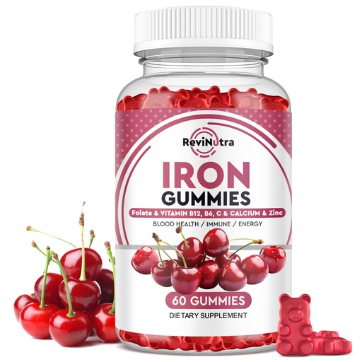 [BRSRAGARBYHAKCD2] Iron Gummies with Zinc, Calcium, Vitamin C, B6 & B12 | Iron Supplement for Women, Men & Kids | Supports Anemia & Deficiency, Blood Builder & Cell Formation | Chewable Cherry Flavor | 60 Gummies