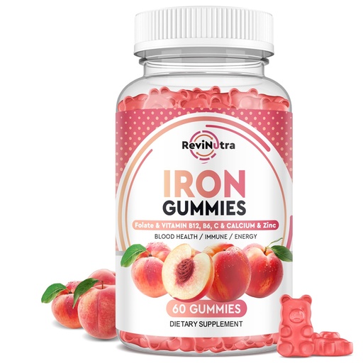 [BRSRAAA5CQPQAFL6] Iron Gummies with Zinc, Calcium, Vitamin C, B6 & B12 | Iron Supplement for Women, Men & Kids | Supports Anemia & Deficiency, Blood Builder & Cell Formation | Chewable Peach Flavor, 60 Gummies