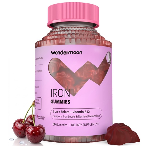 [BRSRECT6CIDWYCQ7] Wondermoon Iron Gummies for Women, Energy Support, Cherry Flavor, 60 Count | Iron Supplement with Vitamin C, B12, E, Folate for Iron Deficiency, Support Iron Levels, Energy & Stamina, Immunity Support
