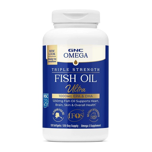 [BRSRYZAYDIHAMCT6] GNC Omega Triple Strength Fish Oil, Omega-3 Supplement, 120 Softgels | Delivers 1000mg EPA and DHA to Support Heart, Brain, Skin and Overall Health in an Easier to Swallow Softgel