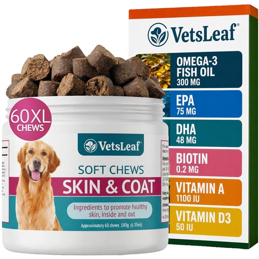 [BRSRGZ35B4CGAELG] Dog Skin and Coat Supplement Chews - Omega-3 Fish Oil, EPA & DHA, Biotin, Vitamin A & D3 - Coat Shine, Skin Hydration, Shedding & Itch Relief - Made in USA - 60 Count