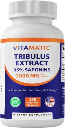 [BRSROBALOIIQMYDO] Vitamatic Tribulus Terrestris for Men - 2000 mg per Serving - 95% Saponins - 180 Vegetable Capsules - Made in The USA - Gluten Free & Non-GMO