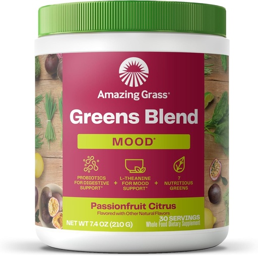 [BRSROBQDOUDWCCDX] Amazing Grass Greens Blend Mood: Super Greens Powder Smoothie Mix for Mood, Relaxation & Stress Support with Organic Spirulina, Chlorella, Beet Root Powder, Digestive Enzymes & Probiotics, 30 Servings