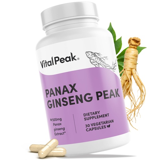 [BRSREHTROF4G2AAV] Vital Peak® Panax Ginseng Peak 500 mg - Supports Mental Clarity, Energy & Focus - Panax Ginseng Steam & Leaf Extract Supplement for Women & Men - Vegan, Gluten Free, Dairy Free, Non-GMO - 30 Capsules