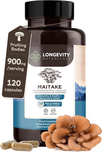 [BRSROGL4DENWYCD4] Longevity Botanicals Organic Maitake Mushroom Extract Capsules (120) | Concentrated 10:1 Ratio | 100% Fruiting Bodies | Grifola frondosa Natural Supplement for Gut Health & Immunity Support