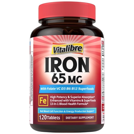 [BRSRACQZBUDWACQ4] Vitalibre Iron Supplement for Women & Men, 65 mg, Ferrous Sulfate, Vitamin C, D3, B6, B12, Folate, Beet Root, Spinach, Pumpkin Seeds, Nettle, for Red Blood Cell & Energy Production, 120 Tablets