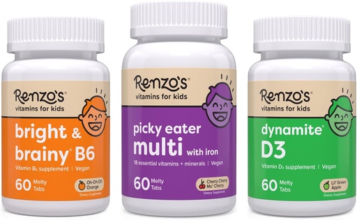 [BRSRMBARCJYA2D3D] Renzo's Vitamins Adventurous Kid Bundle - Picky Eater Kids Multivitamin, Vitamin D3 for Kids, and Bright & Brainy Vitamin B6