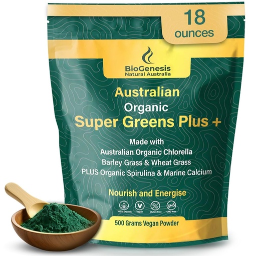[BRSRAAD3DMNRM3L3] Biogenesis SuperGreens Plus Powder – 500g | Unflavored | Organic Chlorella, Wheatgrass, Barley Grass & Spirulina | Australian Grown | Supports Energy & Immunity | Vegan Powder