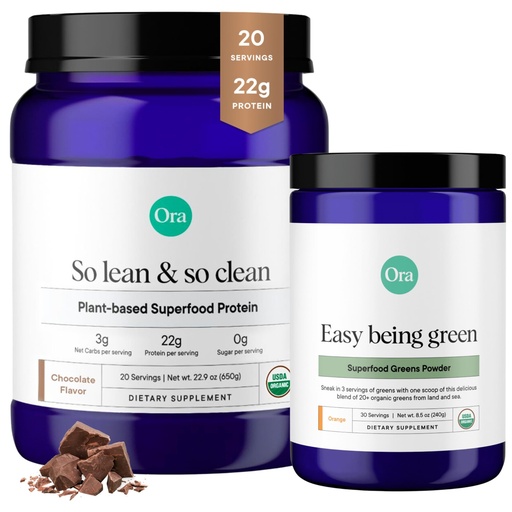 [BRSWYEI2OEBWOF3U] Ora Organic Greens Powder & Vegan Protein Power Bundle: 20+ Superfood Greens Blend - Citrus Flavor, 30 Servings + 22g Plant Based Protein, Chocolate Flavor, 20 Servings
