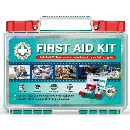 [BRSROGQNC55QYEI6] General Medi 295 Pieces Professional First Aid Kit - HardCase First Aid Box - Contains Premium Medical Supplies for Travel, Home, Office, Vehicle, Camping, Workplace & Outdoor