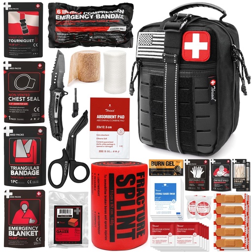 [BRSRGYYRDIPAYAL4] Survival First Aid Kit with Israeli Bandage, Chest Seal, Tourniquet, Splint, Tactical Military Combat Molle IFAK for Wound Care, Bleeding Control, Trauma Hemorrhage and More (Black)