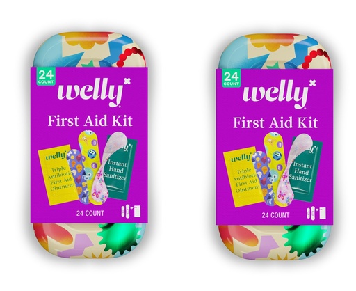 [BRSWYAL7OEJWYCL4] Welly Quick Fix, On The Go First Aid Kit, Assorted Bandages, Ointments, and Hand Sanitizer, Three Color Bandages - 2 Pack