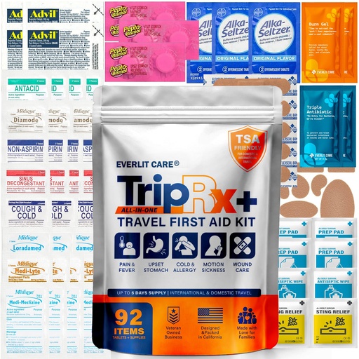 [BRSRGAACBEJQKYD7] EVERLIT CARE Travel Medicine All in One First Aid Kit I OTC Meds + Medical Supplies I TSA Compliant Compact Size Med Pack for Traveling, Camping, Cruising.Individually Packaged.