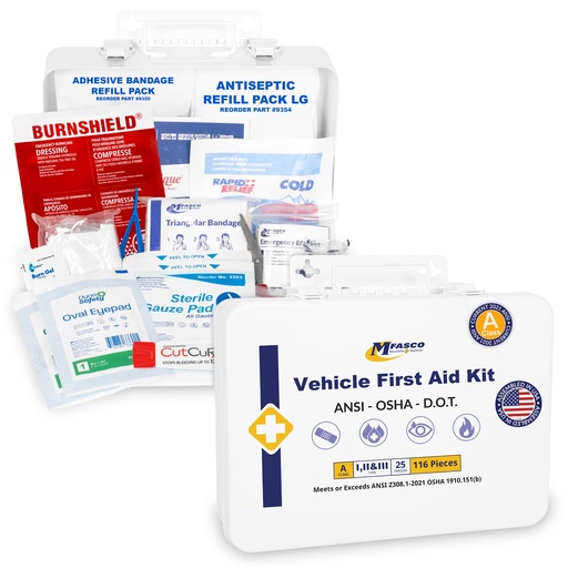 [BRSWGCAZAAHGMDLP] MFASCO Vehicle First Aid Kit - DOT/ANSI/OSHA Class A Compliant - Metal Box | First Aid Kits for Businesses, Construction, Commercial Vehicles, Workplaces | 115 Pcs | Portable & Mountable | Waterproof