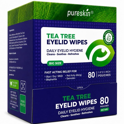 [BRSRYYIHAUBAEAL6] Pureskin Eyelid Wipes with Tea Tree Oil - 80 Eye Lid Cleaning Scrubs for Blepharitis, Demodex, MGD, Stye, Dry & Tired Eyes - Refreshing Cleansing Wipes with Aloe Vera, Hyaluronic Acid & Vitamin E