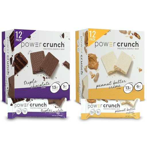 [BRSRAYITDIBB4ELL] Power Crunch Protein Wafer Bars, High Protein Snacks, Triple Chocolate 1.4 Ounce (12 Count) and Peanut Butter Crème 1.4 Ounce (12 Count)