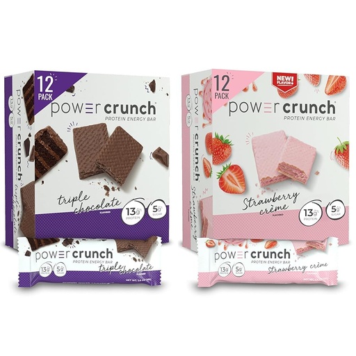 [BRSRAYITDEORUALB] Power Crunch Protein Wafer Bars, High Protein Snacks, Triple Chocolate 1.4 Ounce (12 Count) and Strawberry Crème 1.4 Ounce (12 Count)