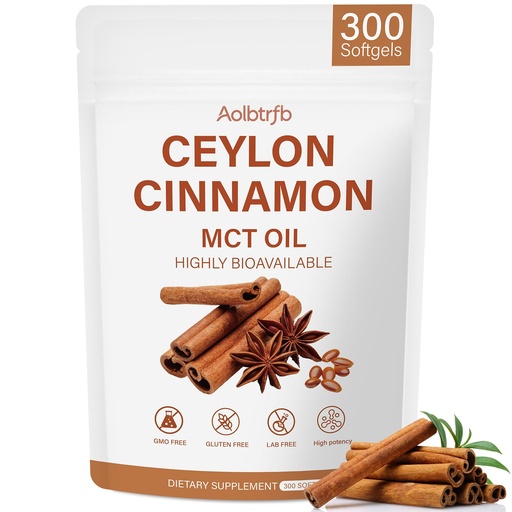 [BRSRYYAZOQGWAHLV] Organic Ceylon Cinnamon Softgels with MCT Oil - 300 Softgels Supplements, Highly Bioavailable Herbal Extract, Energy & Metabolism Support for Men & Women, Non-GMO, Gluten Free