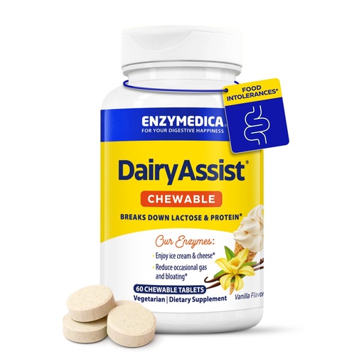 [BRSRAZYDCJ7Q23TZ] Enzymedica DairyAssist Chewable Enzymes for Men & Women - Lactose Intolerance Support Supplement with Lactase Enzyme, Breaks Down Milk & Dairy, Helps Reduce Gas & Bloating, Gluten Free - 60 Tablets