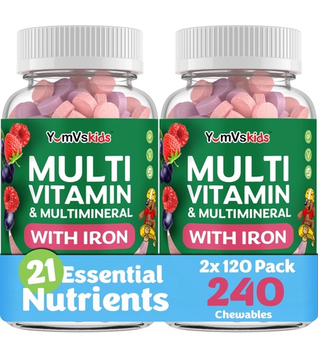[BRSRAGQQAQIRAFLA] YUM-V'S Kids Multivitamin with Iron - Kids Chewable Multivitamin - Vitamins + Iron Supplement - Toddler Vitamins for 2 Year Old+, Kosher, Halal, Gluten Free 120 (Pack of 2
