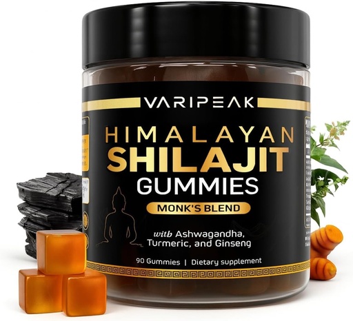 [BRSRAEIFCQDRM3T4] 4-in-1 Organic Himalayan Shilajit Gummies | Ashwagandha, Turmeric, & Ginseng | 에너지, 면역력 및 활력 지원을위한 Adaptogen | 유기농, 채식, 설탕 무료 | 90 개 | 남성 및 여성용