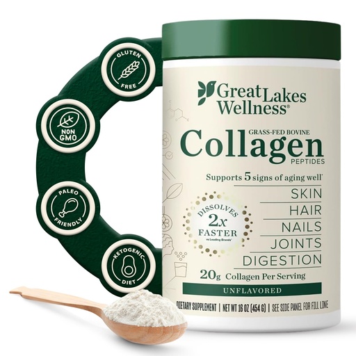 [BRSWIZYCAR7BCHLY] Great Lakes Wellness Collagen Peptides Powder – Supports Skin, Hair, Nails, Joints & Digestion – Hydrolyzed, Quick Dissolve, Non-GMO, Keto & Kosher – Pure Collagen Protein (16 oz, 22 Servings)