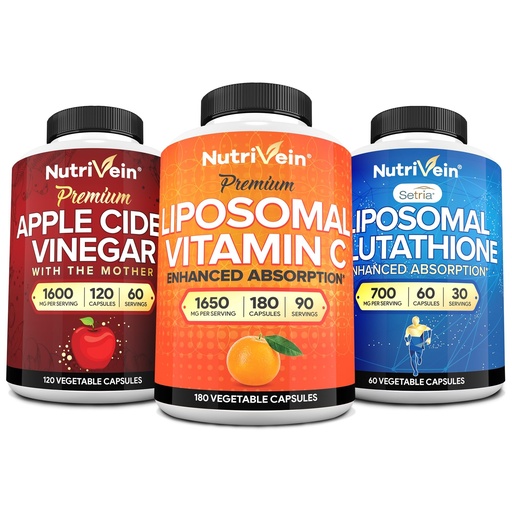 [BRSRAHACOQFAOH3J] Nutrivein Premium Liposomal Glutathione, Apple Cider Vinegar Capsules, & Vitamin C Supplement Bundle: Vitamin C, ACV Capsules, & Glutathione Supplement Bundle for Cellular Defense & Detox