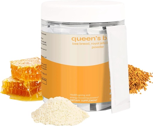 [BRSRAFD2OAFBMFLG] Queen's Boost - Без захар Пчелен хляб, Royal Jelly & Propolis Прах с витамин C - Non-GMO, Имунна и енергийна поддръжка - 30 индивидуални сашета на пакет, 30-дневна доставка