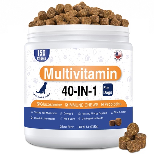 [BRSRYYARCEBAOCAV] Dog Multivitamin Chews 150ct 40-in-1 Dog Vitamins and Supplements Chewable Contain Probiotics Omega-3 Glucosamine, Multivitamin for Dogs Skin Coat Heart Joint Liver Brain Eyes Immune Support