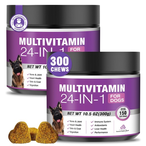 [BRSRE2QYOZ5RS2AU] 24-in-1 Dog Vitamins and Supplements 300 Ct Dogs Multivitamin Chewable Contain Chondroitin Probiotics Omega-3 Glucosamine for Dogs Skin Coat Heart Joint Gut Liver Brain Immune Support - Peanut Butter
