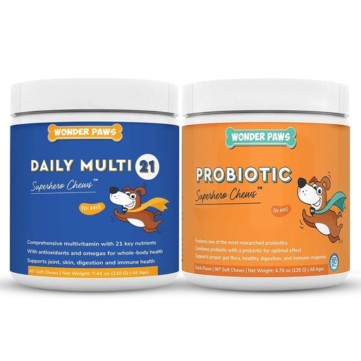 [BRSW2ZY7AV5BAHTP] Daily Multivitamin Chews Plus Probiotic Superhero Chews - for Dogs Immune Support, Digestive Health, Gut Health & Overall Wellness - Daily Multi 60 Chews - Probiotic 90 Chews
