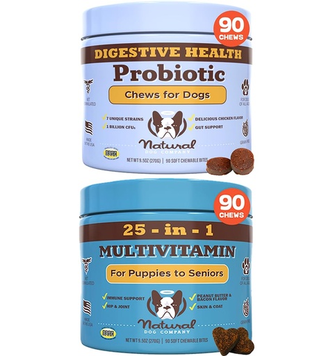 [BRSROZAQB4NRM33O] Natural Dog Company Multivitamin and Probiotic Chews Bundle: Complete Nutritional Support for Dogs, Boosts Immune System, Enhances Digestive Health, Ideal for Senior Dogs and with Sensitive Stomachs