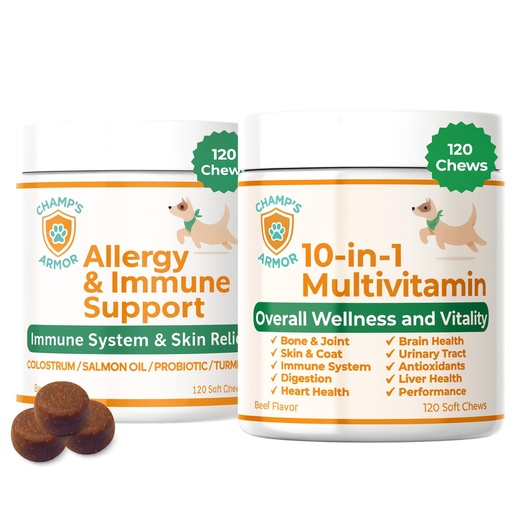 [BRSREAL6DINAO3DG] Dog Multivitamin Bundle - Champ's Armor Allergy & Immune Chews + 10-in-1 Supplement | Hip Joint, Skin Coat, Digestive Health Support for Dogs