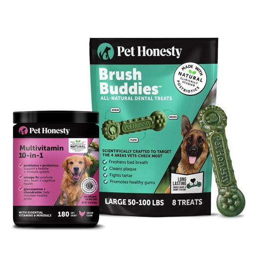 [BRSRGC33OQHR4AIV] Pet Honesty Dog Wellness Virtual Bundle – 10-in-1 Multivitamin Supplement (Chicken, 180 Ct) + Brush Buddies Dental Sticks for Large Dogs (8 Ct) – Daily Health & Dental Support
