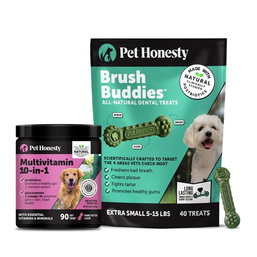 [BRSRGC33OIDRGAY6] Pet Honesty Dog Wellness Virtual Bundle – 10-in-1 Multivitamin Supplement (Peanut Butter, 90 Ct) + Brush Buddies Dental Sticks for Extra Small Dogs (40 Ct) – Daily Health & Dental Support