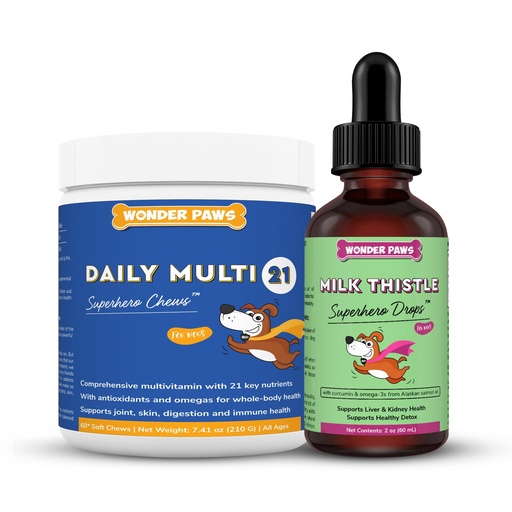 [BRSRMZAYAEOQA33F] Daily Multivitamin Chews Plus Milk Thistle Drops - for Dog Immune Support, Heart Health, Liver, Detox & Overall Wellness - Multivitamin 60 Chews - Milk Thistle 2 Ounces