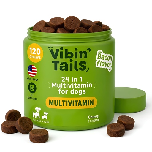 [BRSREGQLDEBQECLU] Dog Multivitamin Vibin' Tails 24-in-1 Soft Chews All Ages Bacon 120ct | Vet-formulated daily vitamins with probiotics, omega-3 & glucosamine for puppy & senior skin, coat, digestion & total health