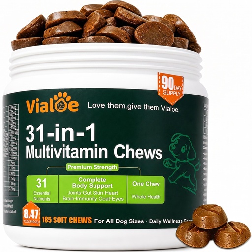 [BRSRYYL6AAIGGETX] 31-in-1 Dog Multivitamin Soft Chews – 185 Chews, 90-Day Supply | Glucosamine+Chondroitin+MSM | Salmon Oil | 740M CFU Probiotics | Chelated Minerals | B-Complex | Gut+Immune | Grain-Free