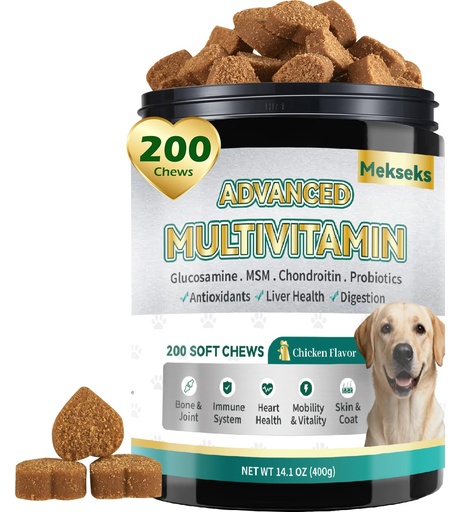 [BRSRECT2DEPW2FI3] Advanced 24-in-1 Multivitamin Chews for Dogs - 200 Soft Vitamin Supplement | All-in-One Vitamins, Supports Skin Coat, Itch Relief, Joints, Gut Health, 12 Essential Vitamins, Treats, with Omega-3